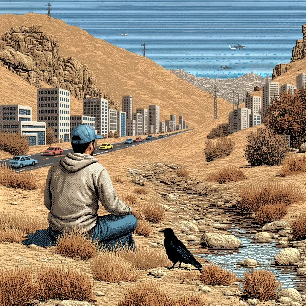 Modern young man at a valley with city in the background